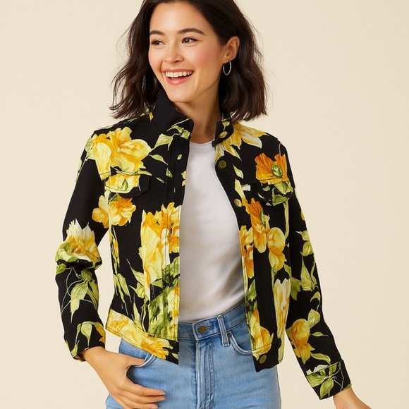 St. John Sport by Marie Gray Black and Yellow Floral Print Jacket Size small - Picture 1 of 11